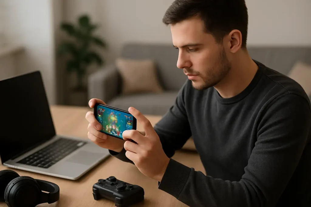 Joueur consultant un code Pokémon Go sur smartphone dans un setup gaming moderne