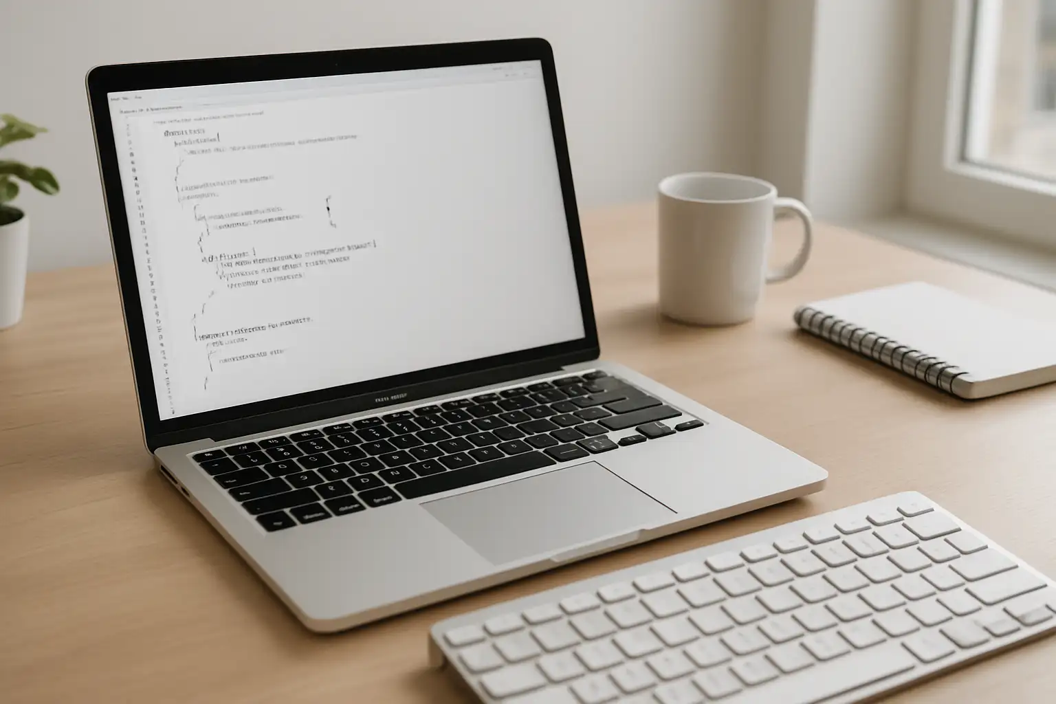 MacBook sur un bureau montrant des crochets et accolades à l’écran pour illustrer le raccourci crochet Mac