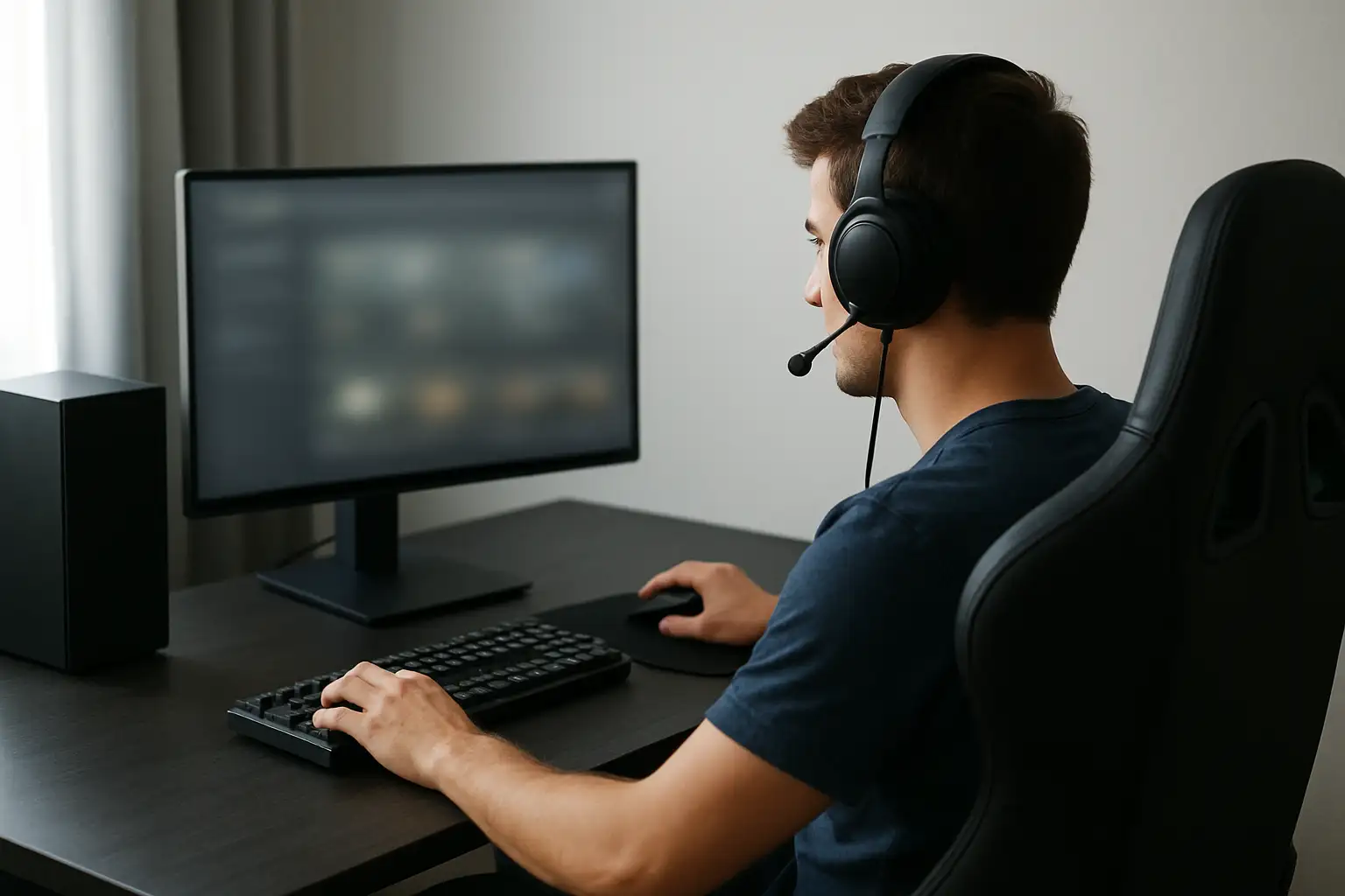 Joueur devant un bureau gaming en train de chercher un jeu au nom approximatif sur son écran