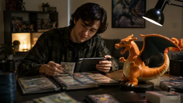 Collectionneur de cartes Pokémon consultant une carte Dracolosse dans un classeur avec une figurine de dragon orange sur son bureau.