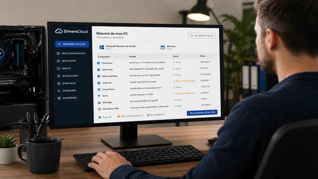 Utilisateur analysant les composants de son PC sur ordinateur pour trouver les bons pilotes avec Drivers Cloud.