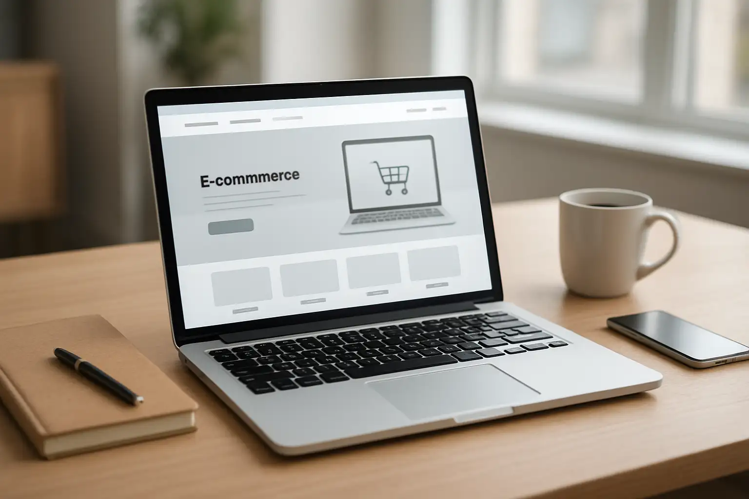 Bureau moderne avec un ordinateur affichant un site e-commerce générique pour illustrer ecommerce-concept.fr