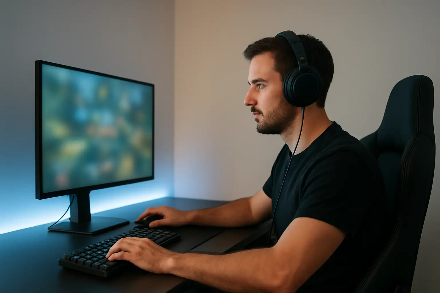 Joueur adulte devant son setup gaming pour illustrer le sigle ETB dans le jeu vidéo