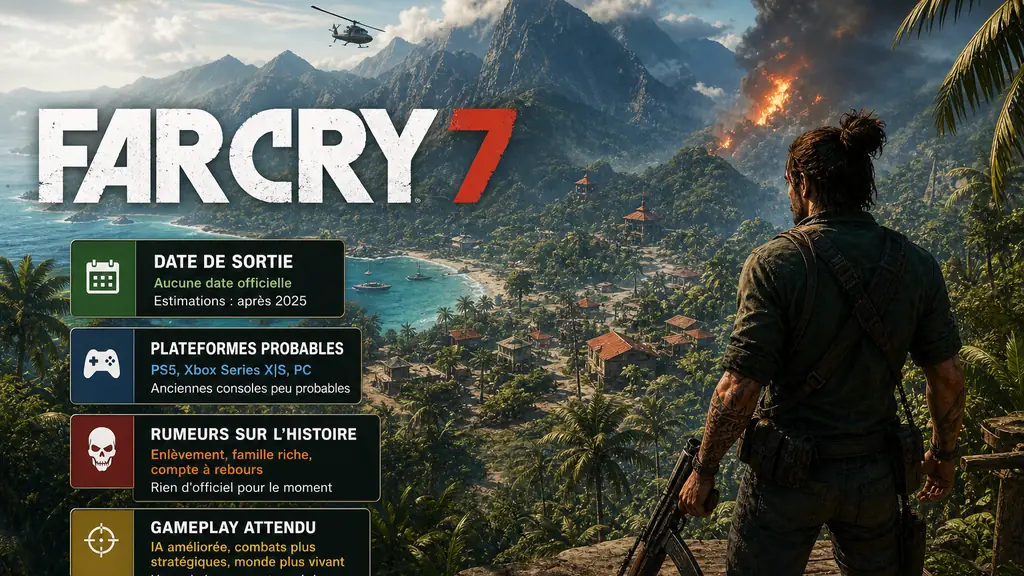Scène cinématique de jeu vidéo en monde ouvert avec personnage armé observant une île tropicale en conflit, inspirée de l’univers Far Cry 7.
