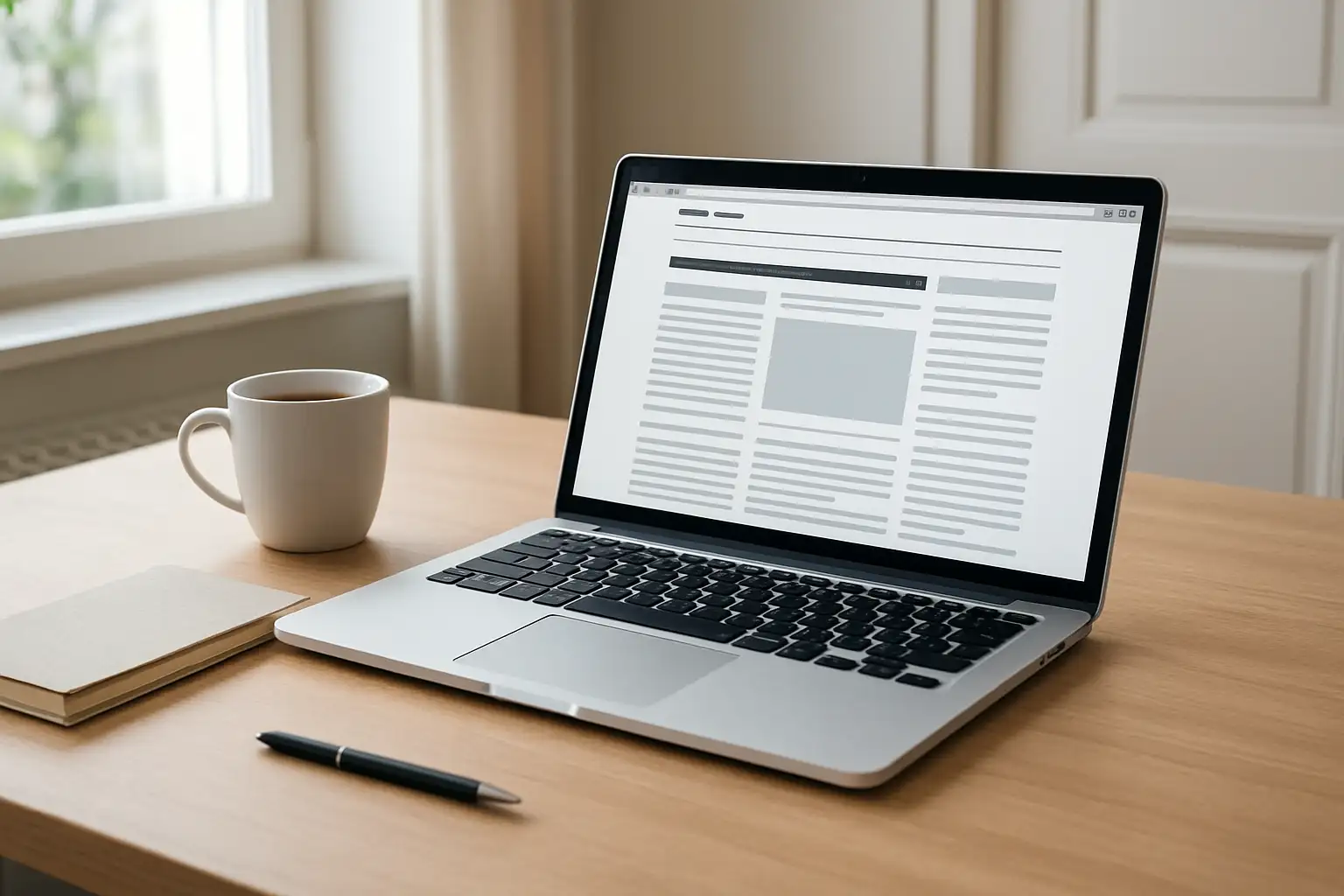 Bureau moderne avec ordinateur portable affichant un blog d’actualité en ligne