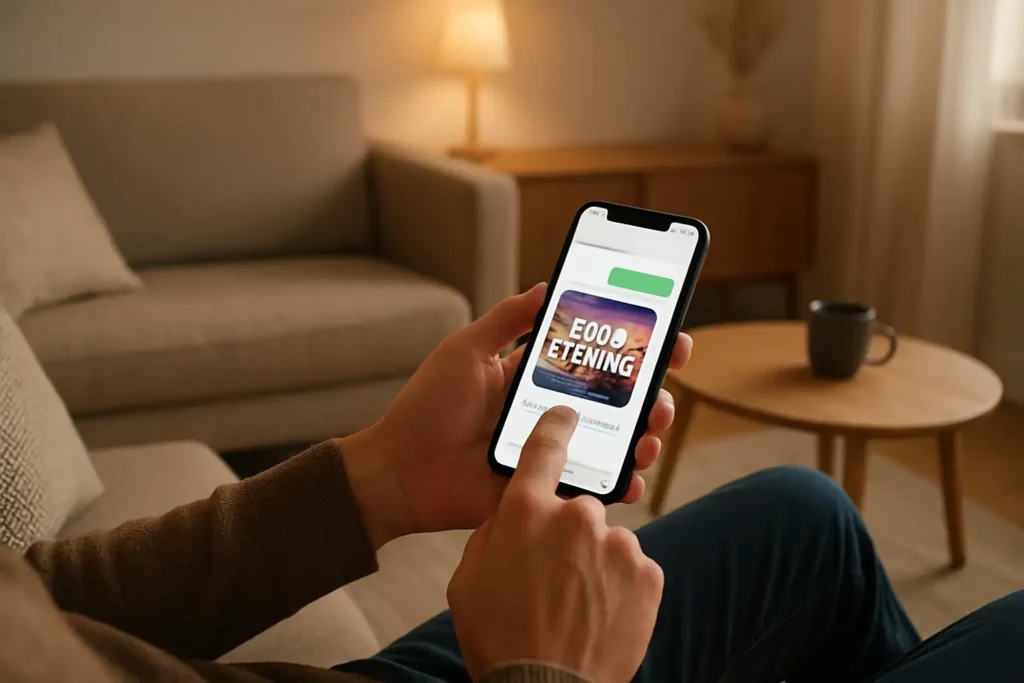 Personne envoyant un gif bonne soirée depuis son smartphone dans un salon chaleureux