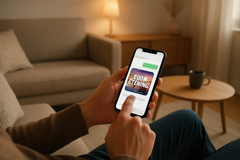 Personne envoyant un gif bonne soirée depuis son smartphone dans un salon chaleureux