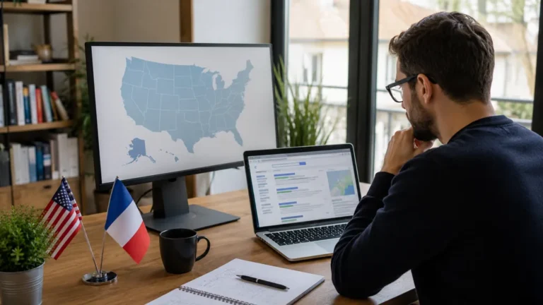 Professionnel SEO comparant Google USA et Google France sur ordinateur dans un bureau moderne.