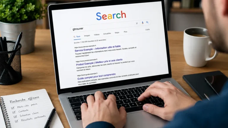Personne effectuant une recherche en ligne sur ordinateur pour trouver rapidement une information fiable et pertinente.