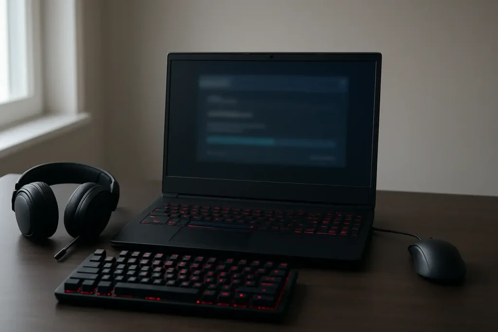 Bureau gaming avec ordinateur et accessoires illustrant le sujet des jeux crack
