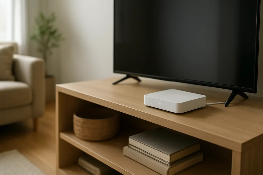 Livebox avec voyant blanc clignotant dans un salon moderne