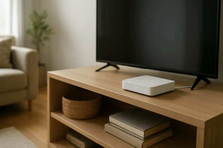 Livebox avec voyant blanc clignotant dans un salon moderne
