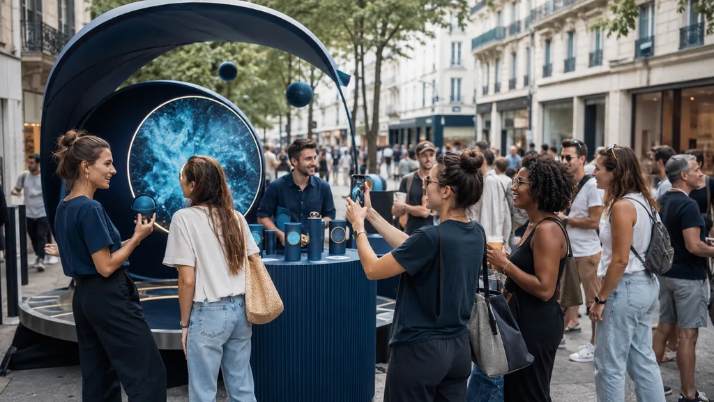 Animation de marketing alternatif dans une rue commerçante avec installation immersive, passants et interaction de marque en plein centre-ville.