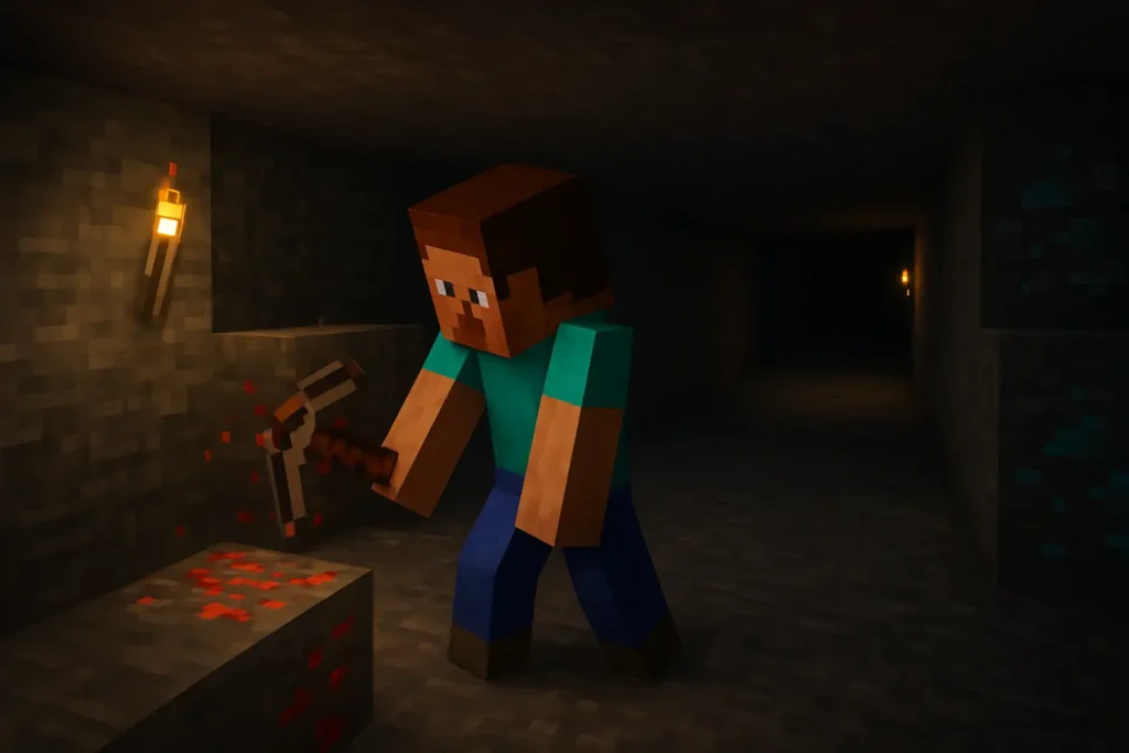Galerie de minage Minecraft dans une couche profonde pour trouver des diamants