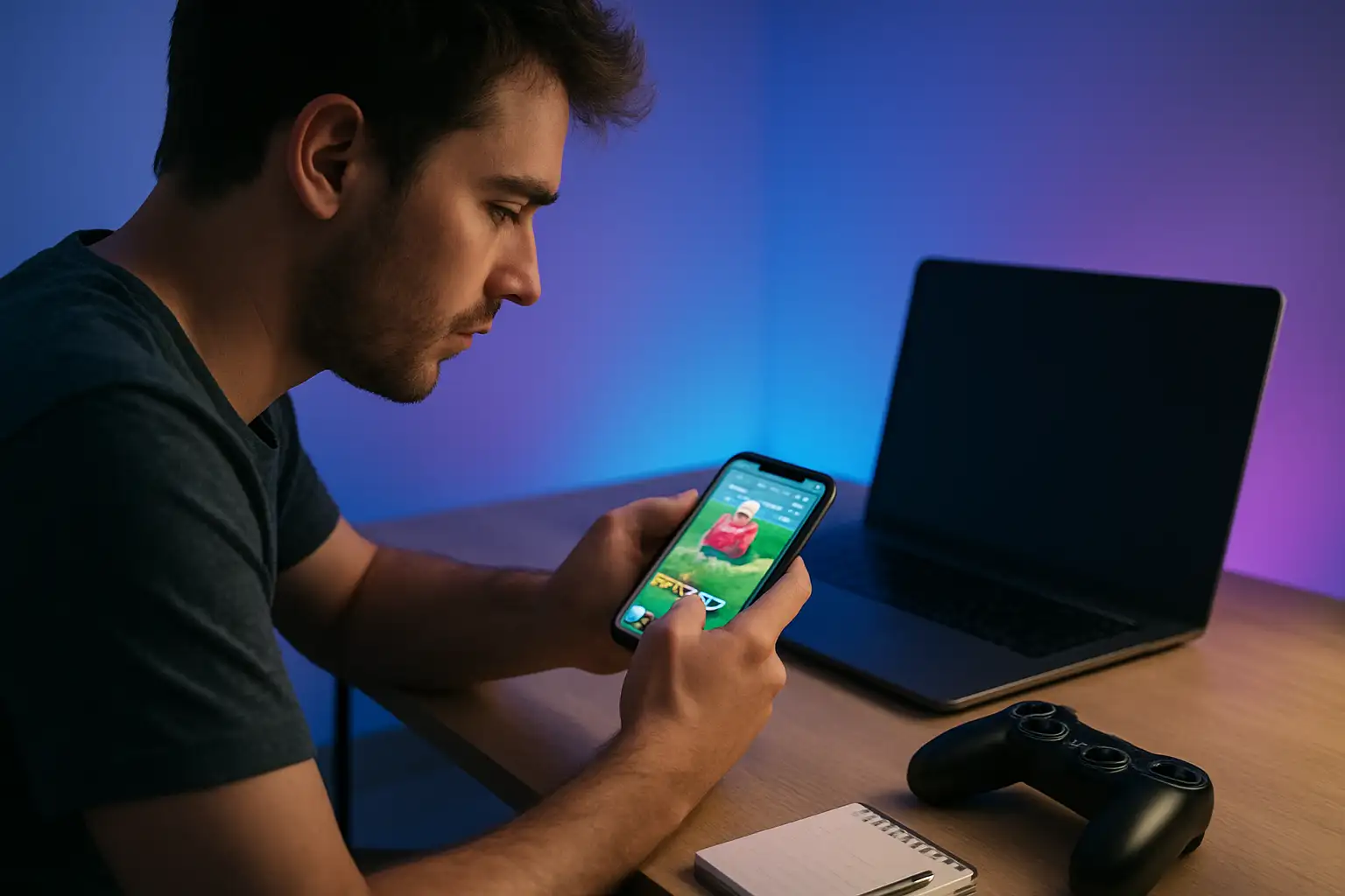 Joueur français consultant un jeu mobile de capture de créatures sur smartphone dans un setup gaming moderne