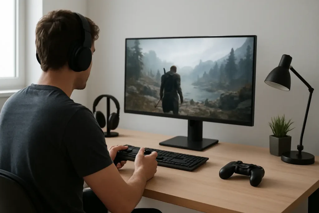 Joueur devant un écran avec un jeu d’action-aventure à ambiance nordique
