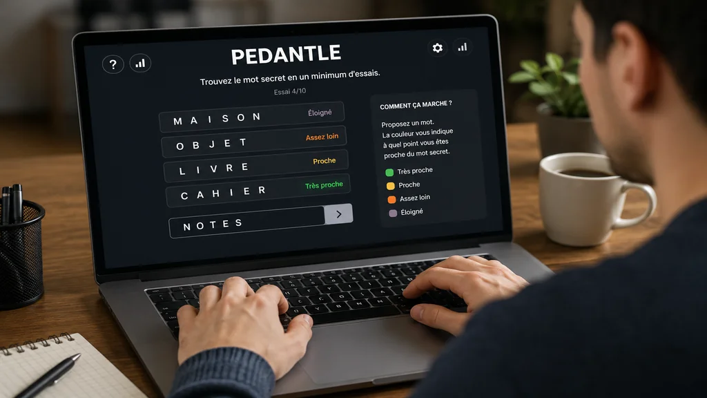 Joueur utilisant un ordinateur portable pour deviner un mot dans un jeu de logique en ligne.