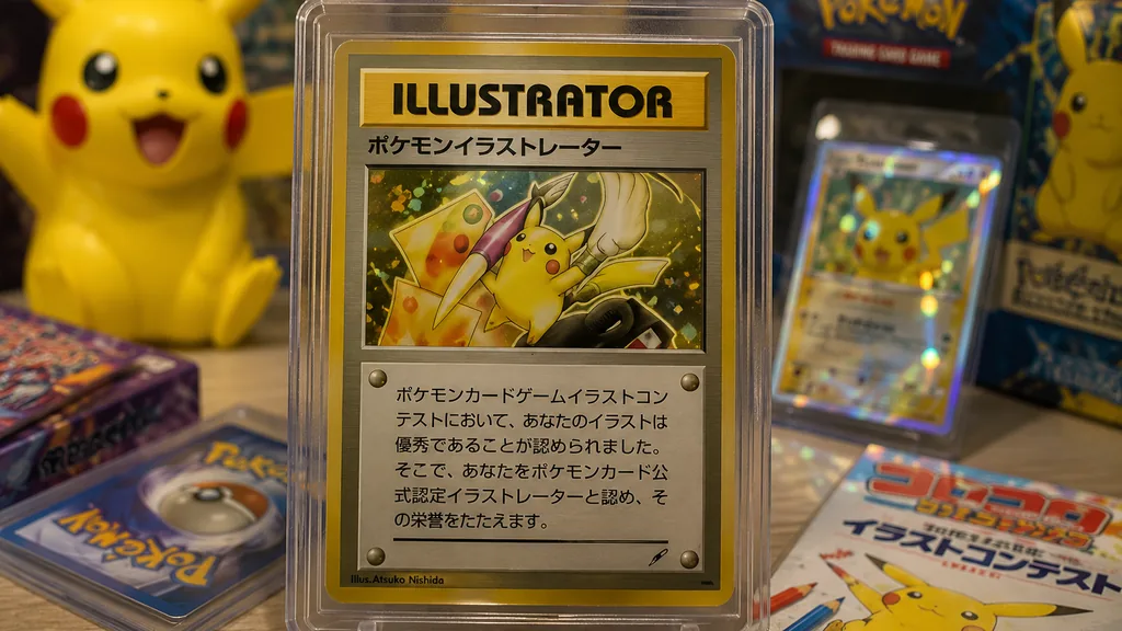 Carte Pikachu Illustrator protégée dans un étui rigide au milieu d’une collection Pokémon rare.