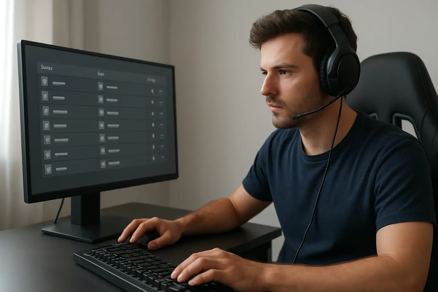 Joueur consultant une liste de créatures de jeu vidéo sur un écran d’ordinateur dans un setup gaming moderne