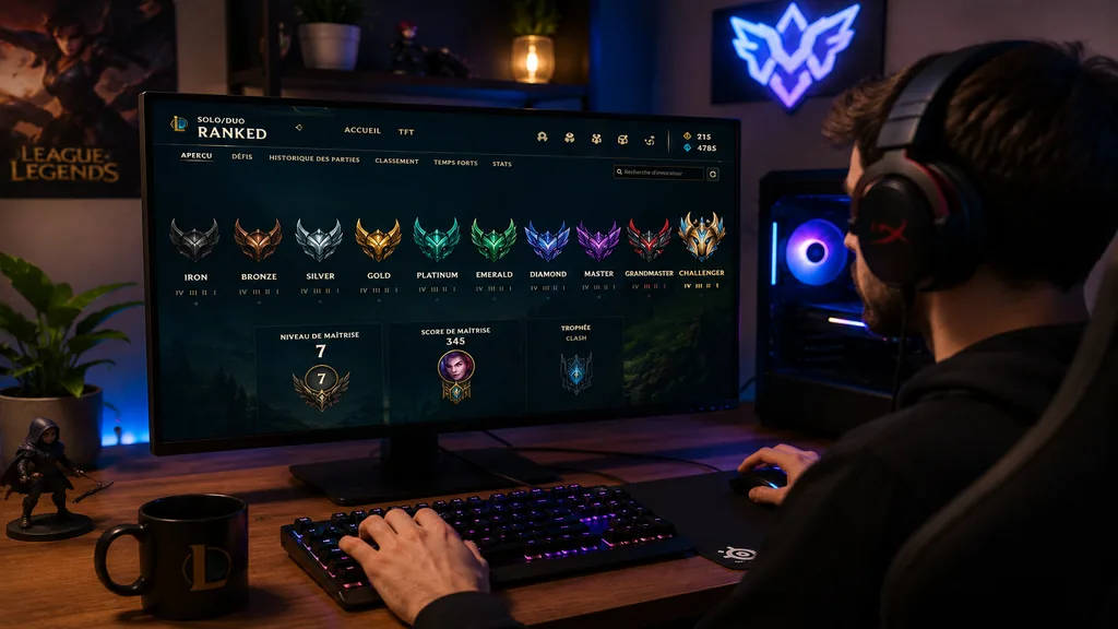 Joueur devant un écran de classement ranked League of Legends dans une ambiance gaming.