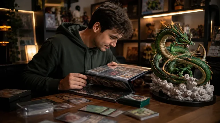Collectionneur de cartes Pokémon consultant un classeur avec une figurine de dragon vert inspirée de Rayquaza sur son bureau.
