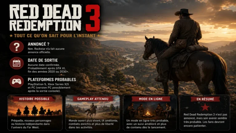 Cowboy à cheval face à un paysage de Far West évoquant l’attente autour de Red Dead Redemption 3.