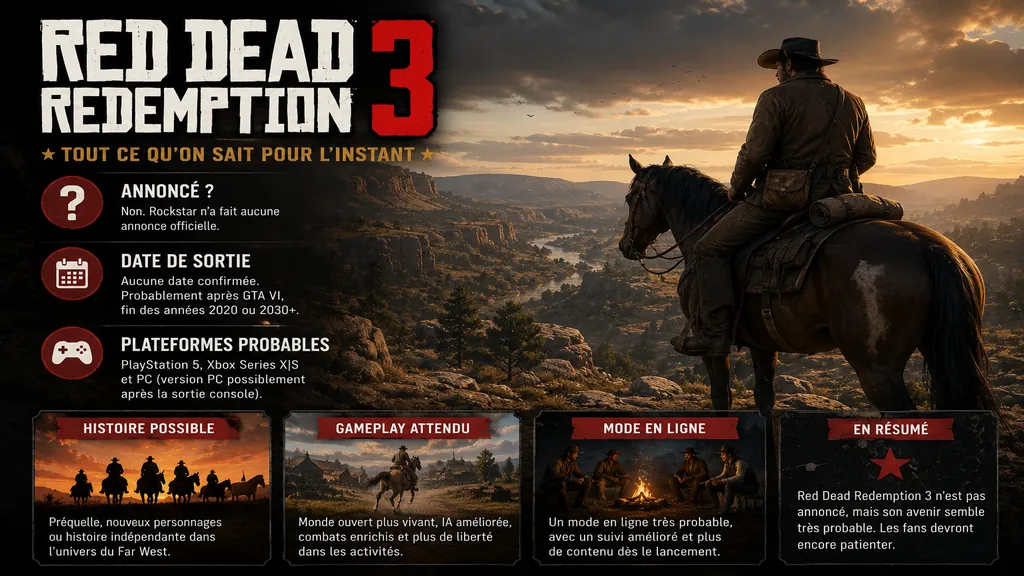 Cowboy à cheval face à un paysage de Far West évoquant l’attente autour de Red Dead Redemption 3.