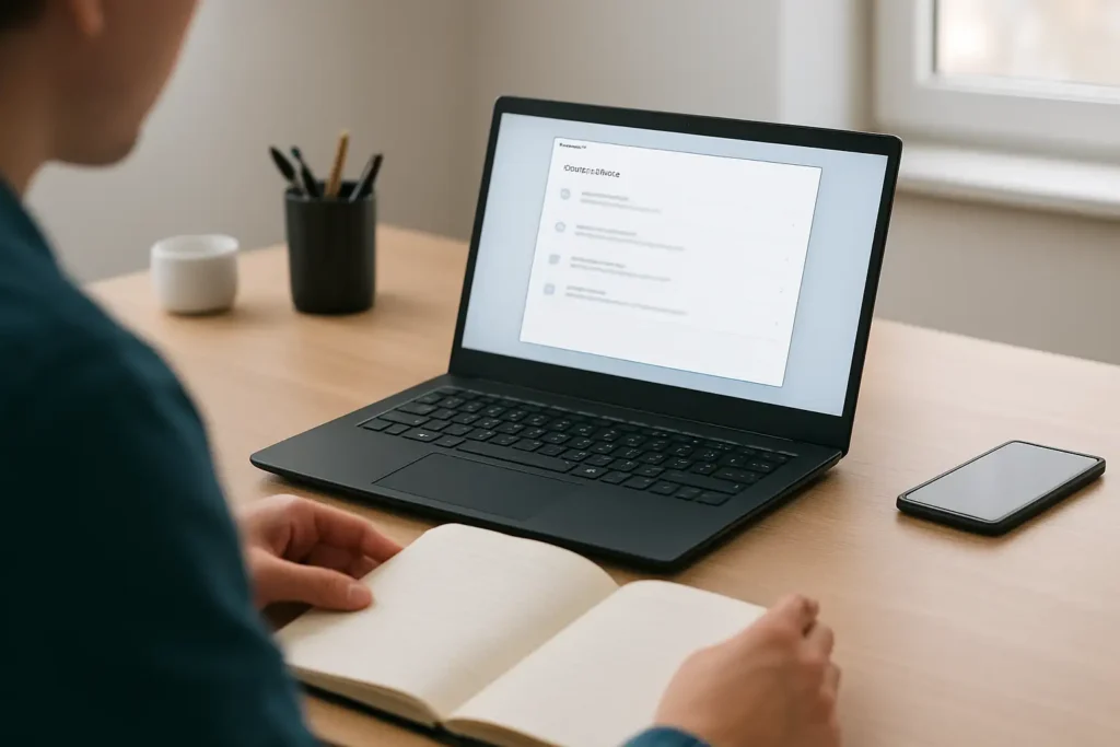 Ordinateur portable affichant les paramètres pour réinitialiser un PC sur un bureau moderne