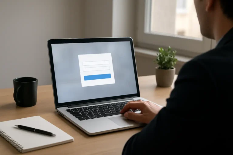 Une personne consulte un portail web de connexion sur un ordinateur portable dans un bureau moderne