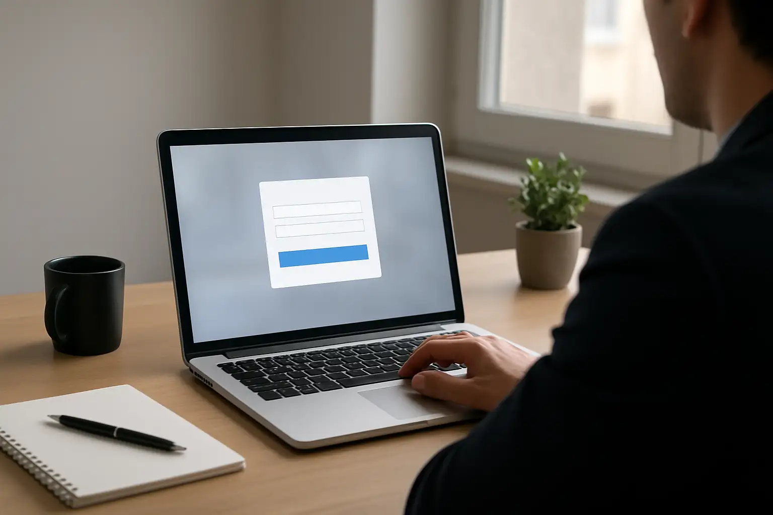 Une personne consulte un portail web de connexion sur un ordinateur portable dans un bureau moderne