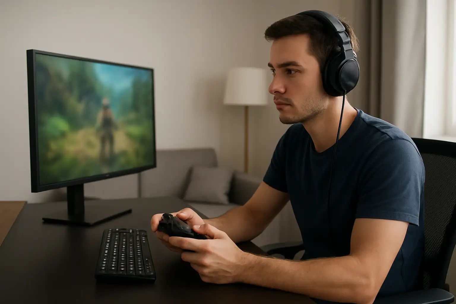 Joueur devant un setup gaming en train d’explorer les secrets d’un jeu vidéo