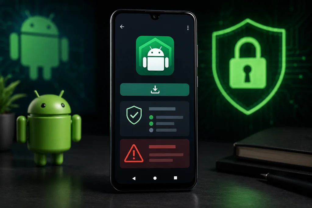 Smartphone Android affichant une interface d’installation d’application tierce avec alerte de sécurité.
