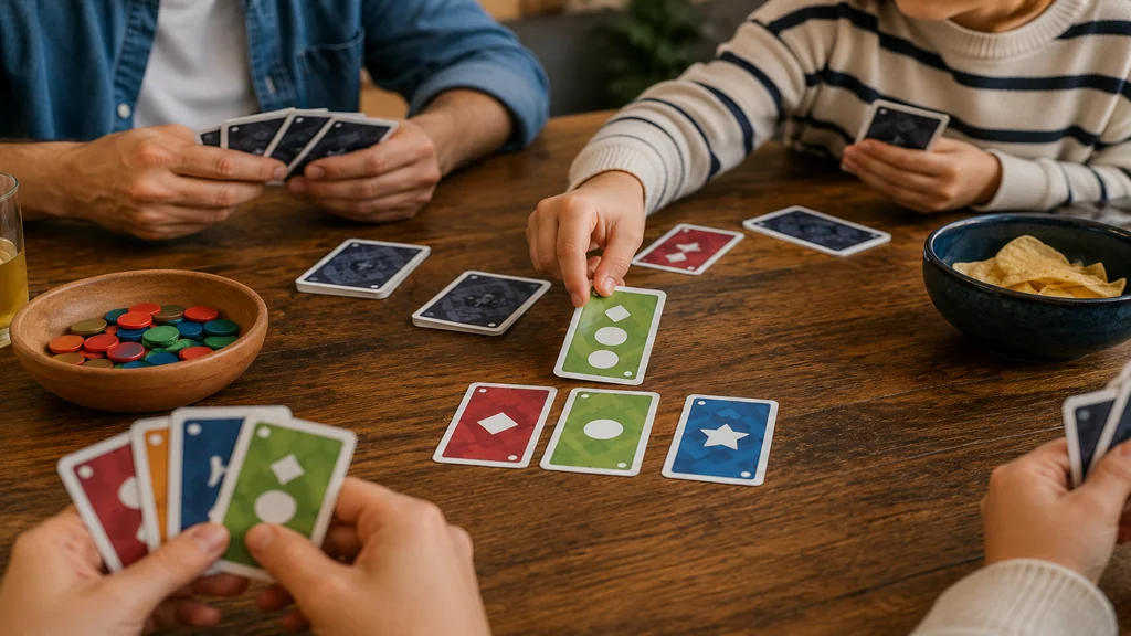 Famille jouant à un jeu de cartes en trio autour d’une table en bois.