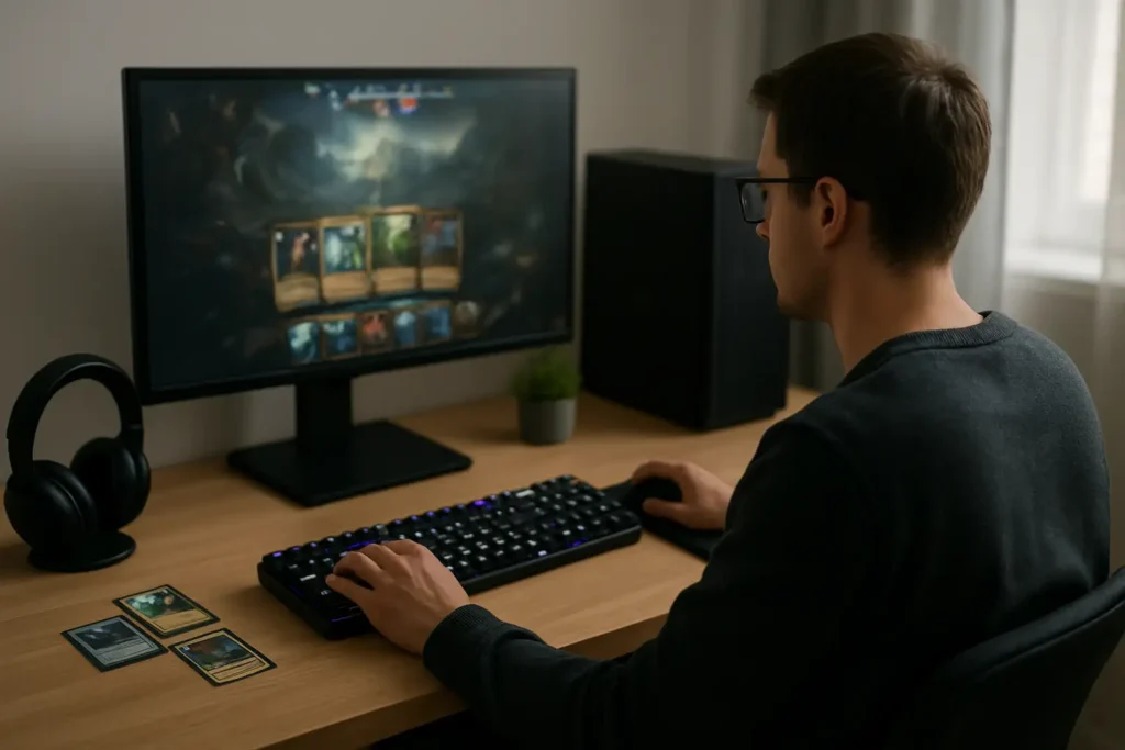 Bureau gaming avec accessoires de collection et cartes génériques, illustrant un article sur l’UPC Dracaufeu