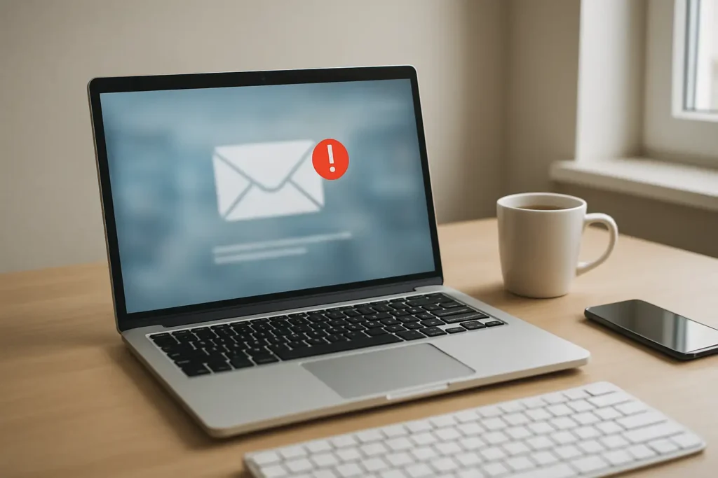Utilisateur devant un ordinateur portable avec un webmail affichant un problème technique