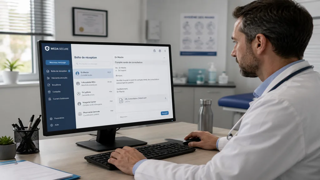 Médecin utilisant une messagerie sécurisée sur ordinateur pour échanger des données de santé en cabinet médical.
