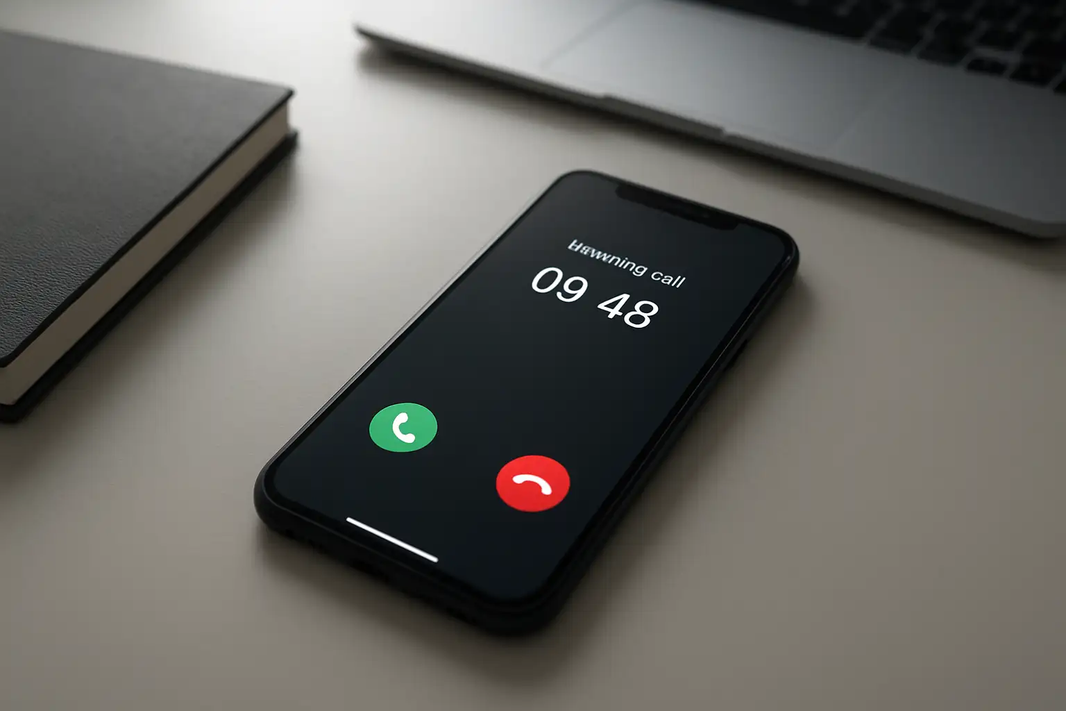 Smartphone sur bureau avec un numéro français commençant par 09 48 affiché à l’écran
