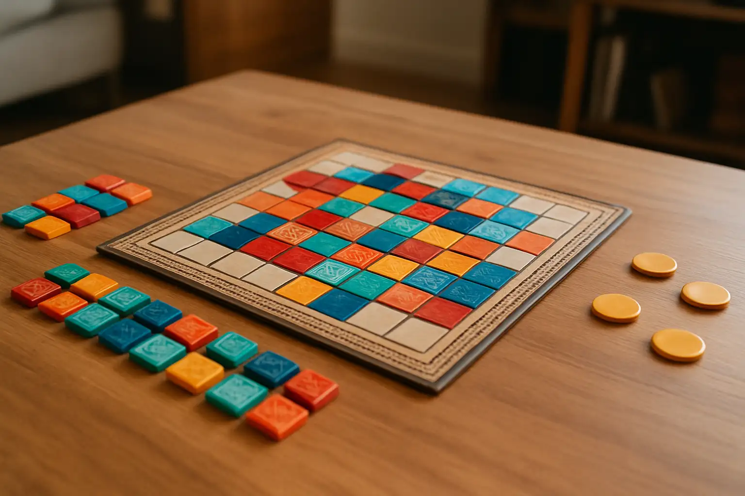 Jeu Azul avec tuiles colorées et plateau de jeu sur une table