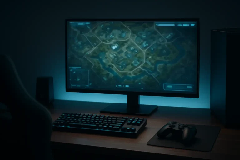 Bureau gaming avec écran affichant une carte de jeu vidéo générique