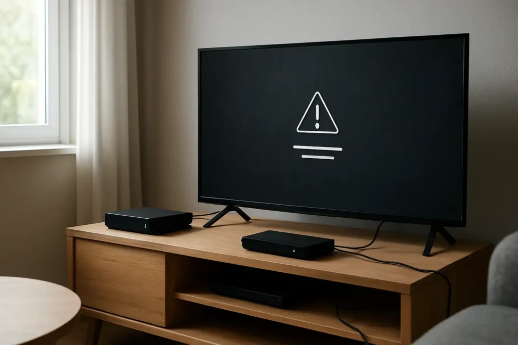 Box internet et décodeur TV dans un salon avec un message d’erreur de réception TV