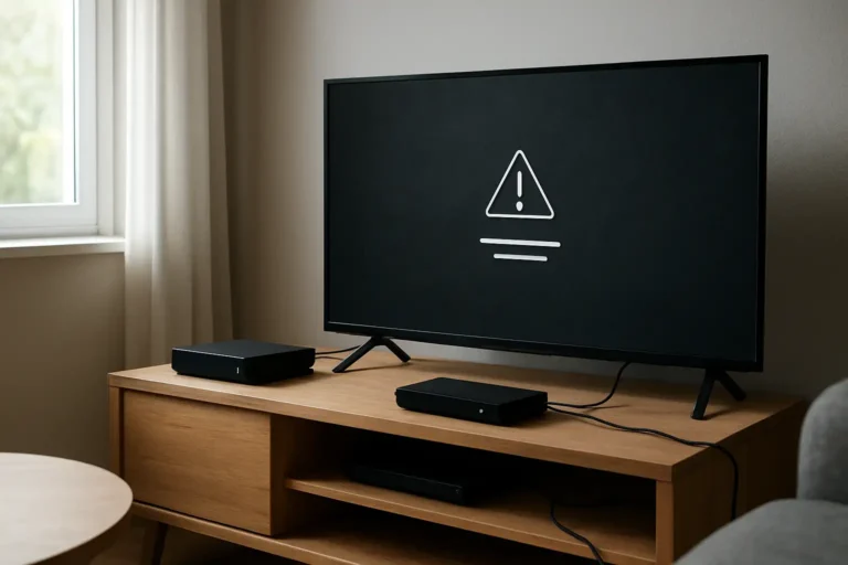 Box internet et décodeur TV dans un salon avec un message d’erreur de réception TV