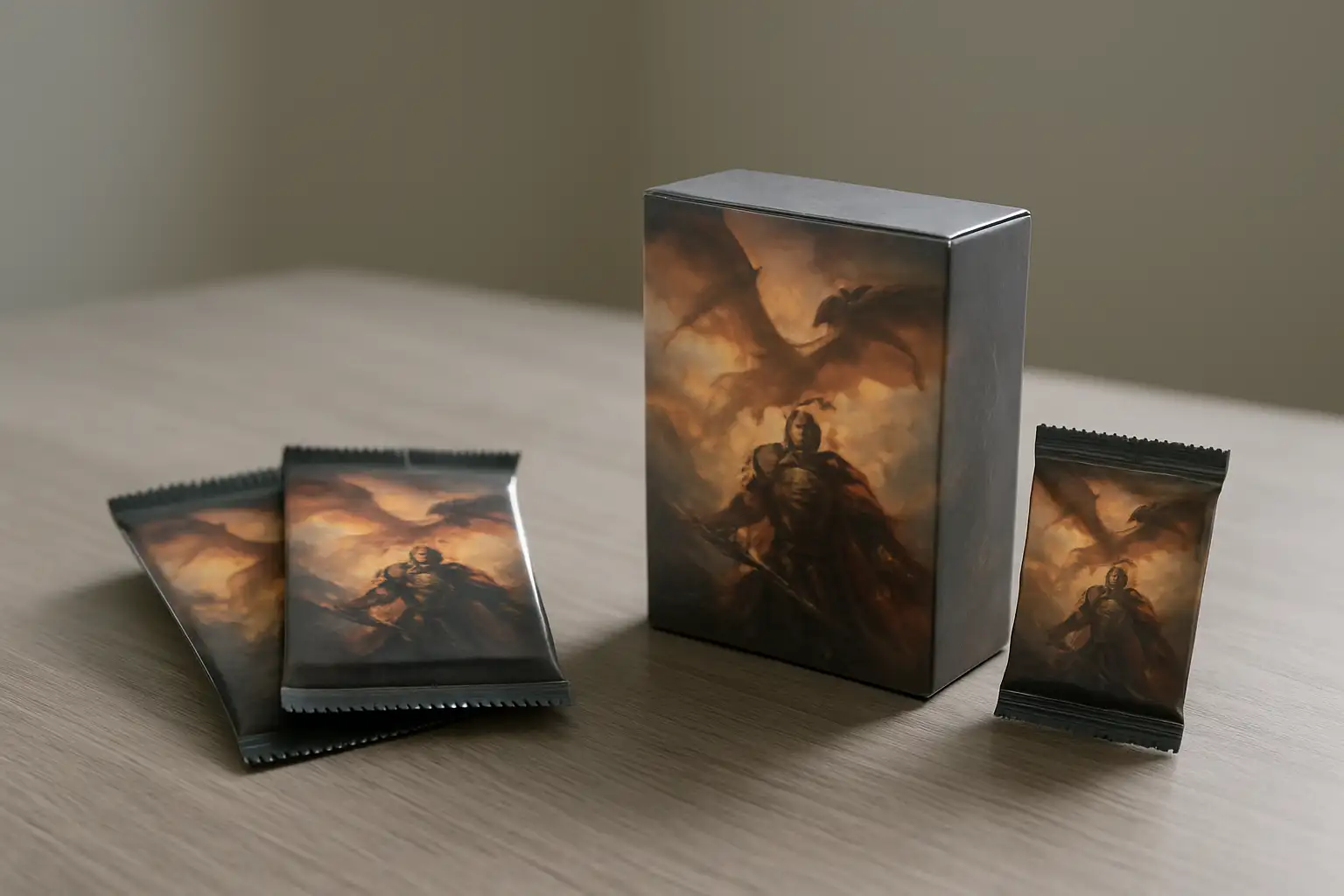 Coffret de cartes à collectionner avec boosters et pack tripack sur une table