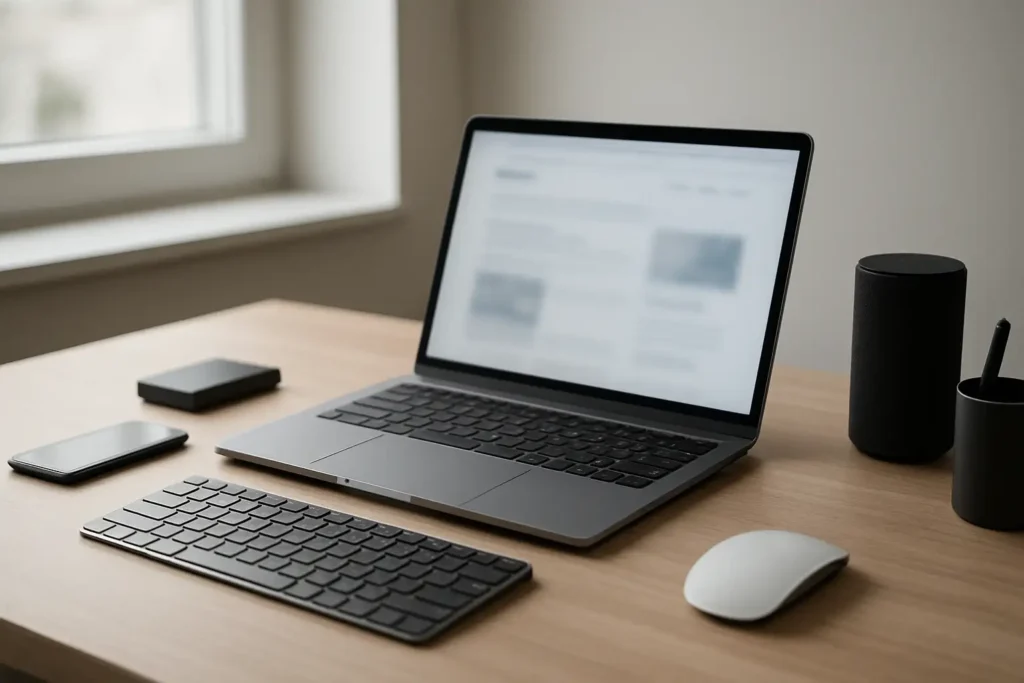 Bureau high-tech avec ordinateur portable affichant une page web floue autour du terme compii
