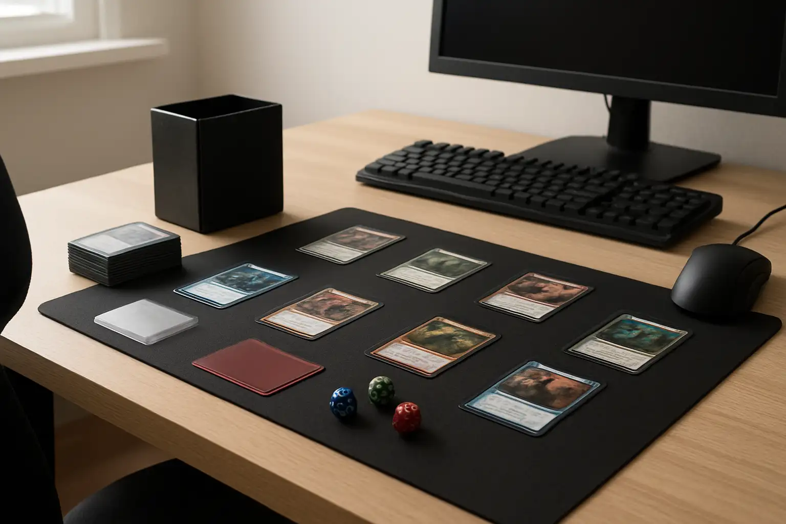 Bureau gaming avec cartes à jouer génériques, classeur de deck et accessoires pour illustrer un deck Pokémon