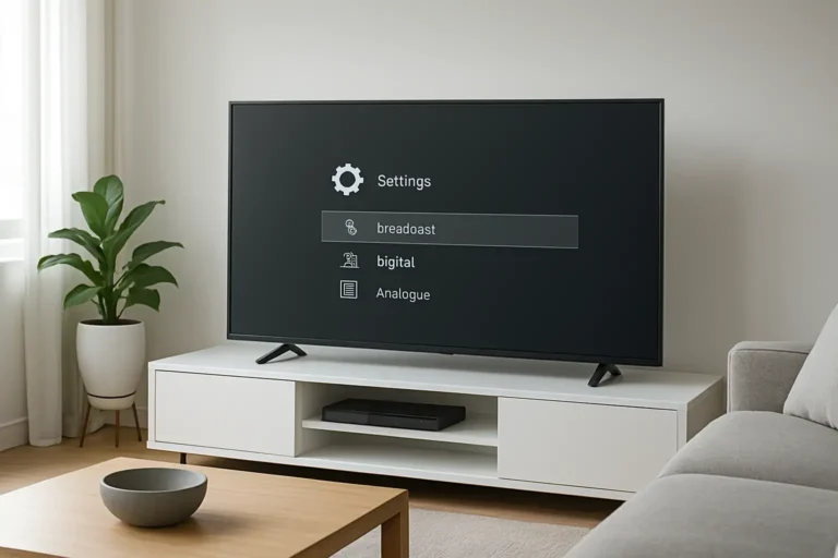 Téléviseur affichant un menu de réception DTV ATV dans un salon moderne
