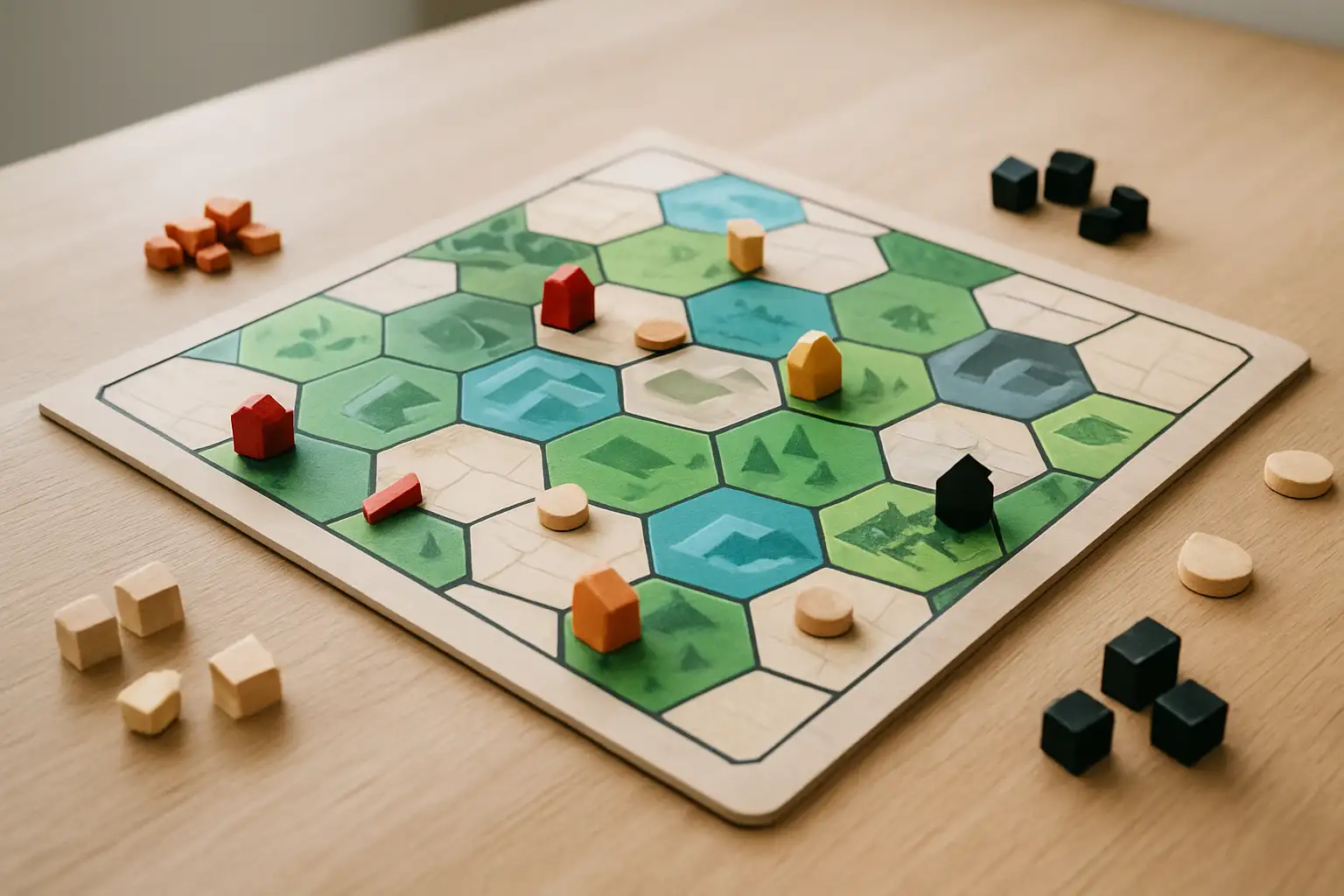 Vue réaliste d’un jeu de société Harmonies avec plateau, tuiles et éléments de paysage sur une table