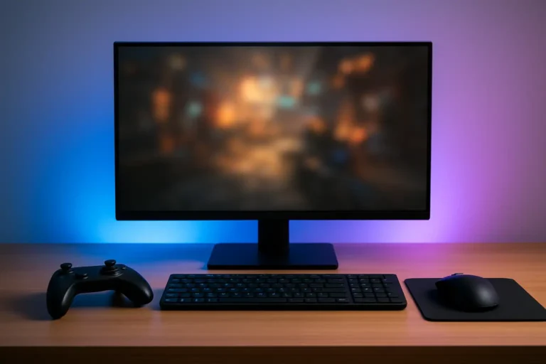 Setup gaming moderne avec écran, clavier et manette pour illustrer le jeu x