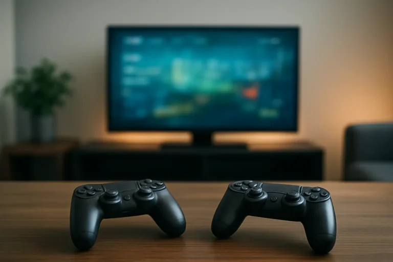 Deux manettes de jeu devant un écran pour illustrer des jeux à 2 en gaming