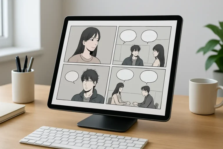 Écran affichant un webtoon générique avec une interface sobre, illustrant Just Friends webtoon