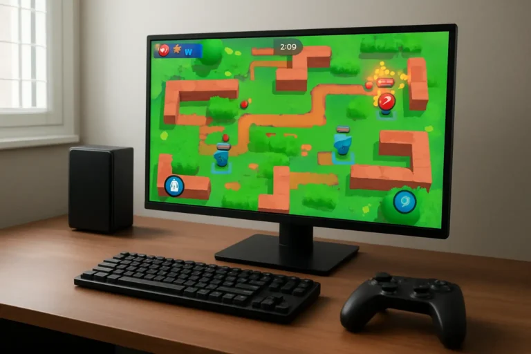 Bureau gaming avec écran montrant un jeu de combat coloré pour illustrer les personnages de Brawl Stars